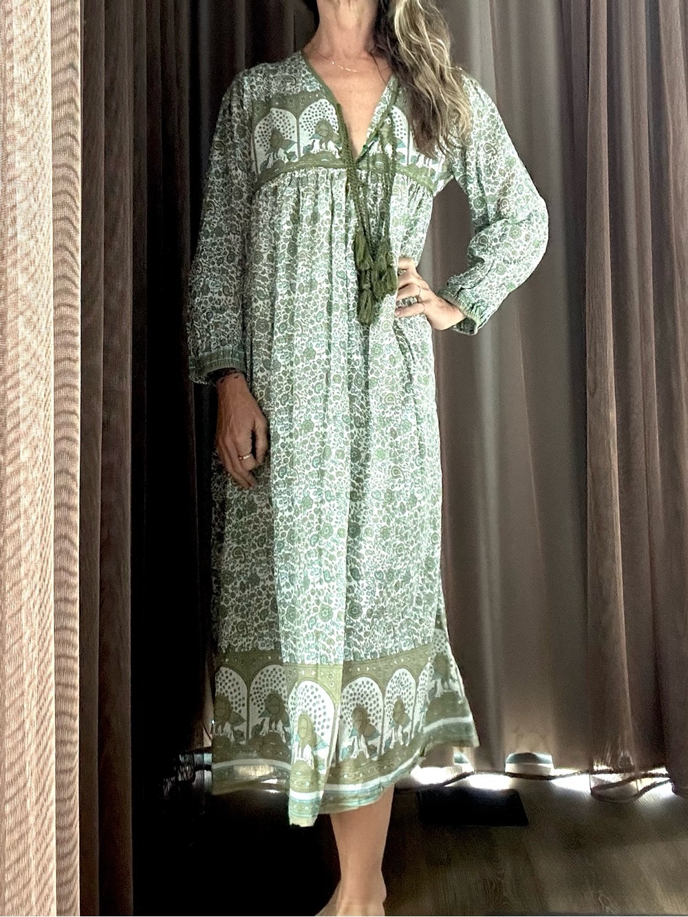 Bohemian Hippie Green & Blue Floral Printed Cotton Made in India Midi Dress M